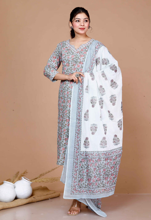 Miravan WomenS Blue Gota Patti Cotton Kurta With Palazzo And Dupatta Set