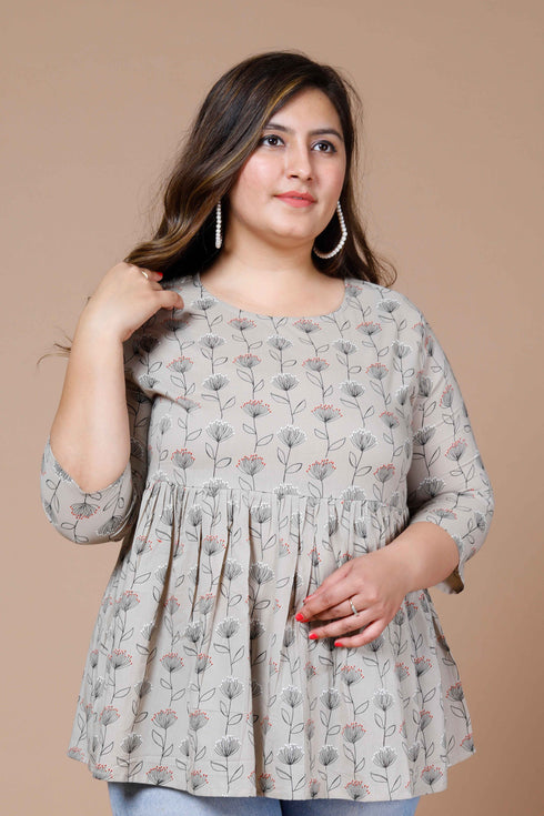 Miravan Womens Beige Plus Size Cotton Floral Printed Top