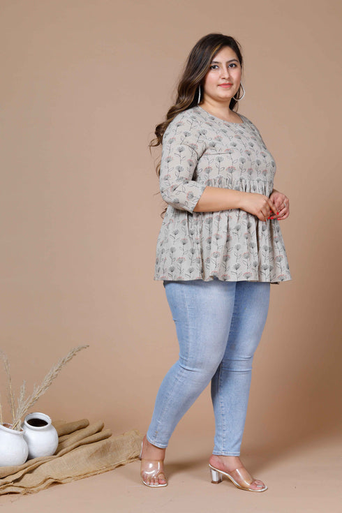 Miravan Womens Beige Plus Size Cotton Floral Printed Top