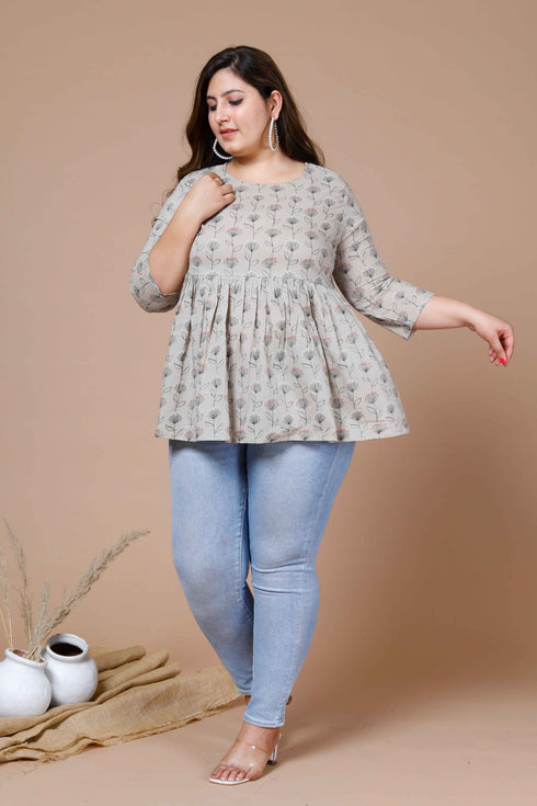 Miravan Womens Beige Plus Size Cotton Floral Printed Top