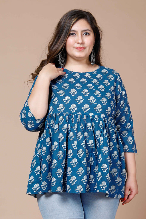 Miravan Womens Blue Plus Size Cotton Floral Printed Top