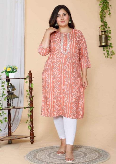 Miravan Womens Plus Size Peach Bandhani Embroidered Kurti