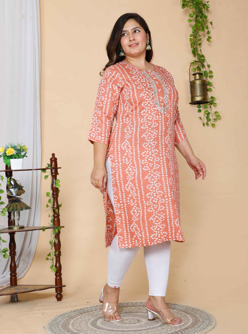 Miravan Womens Plus Size Peach Bandhani Embroidered Kurti