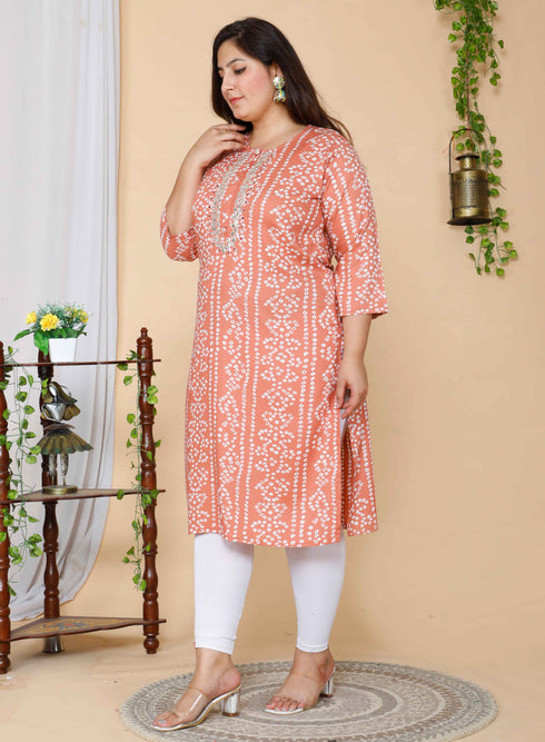 Miravan Womens Plus Size Peach Bandhani Embroidered Kurti