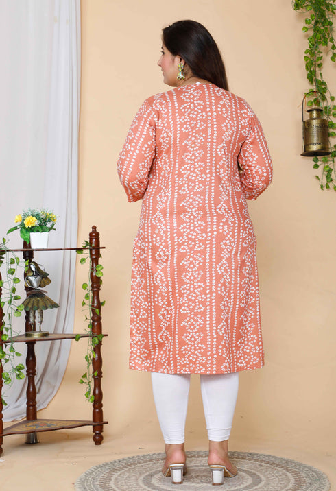 Miravan Womens Plus Size Peach Bandhani Embroidered Kurti