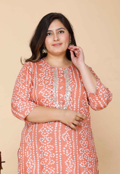 Miravan Womens Plus Size Peach Bandhani Embroidered Kurti