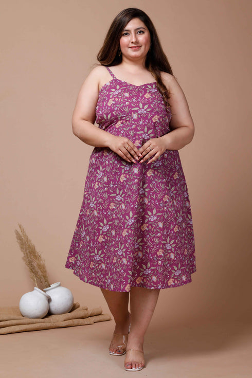 Miravan Womens Plus Size Purple Floral Printed Shoulder Strap Midi Dress