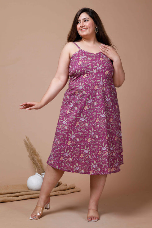 Miravan Womens Plus Size Purple Floral Printed Shoulder Strap Midi Dress