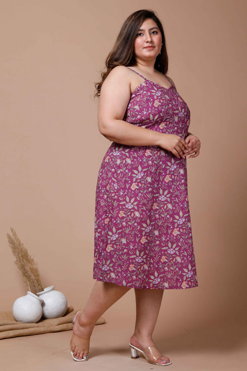Miravan Womens Plus Size Purple Floral Printed Shoulder Strap Midi Dress