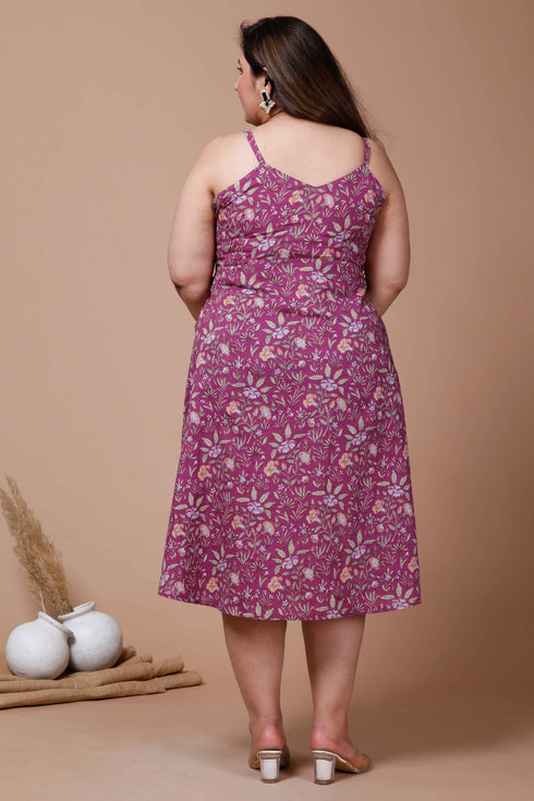 Miravan Womens Plus Size Purple Floral Printed Shoulder Strap Midi Dress