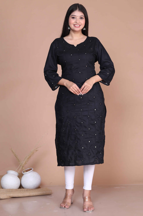 Miravan Womens Black Embroidered And Mirror Work Pakistani Straight Kurti