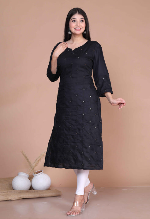 Miravan Womens Black Embroidered And Mirror Work Pakistani Straight Kurti