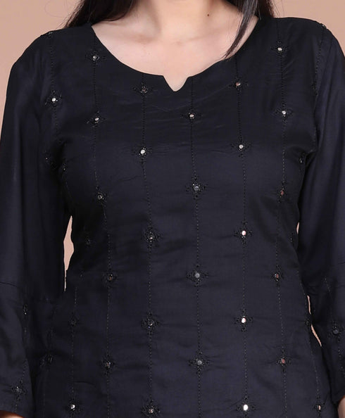 Miravan Womens Black Embroidered And Mirror Work Pakistani Straight Kurti