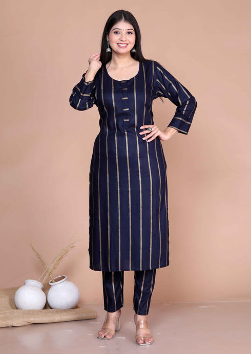 Miravan Womens Navy Blue and Golden Striped Mokshi Pakistani Kurta With Palazzo