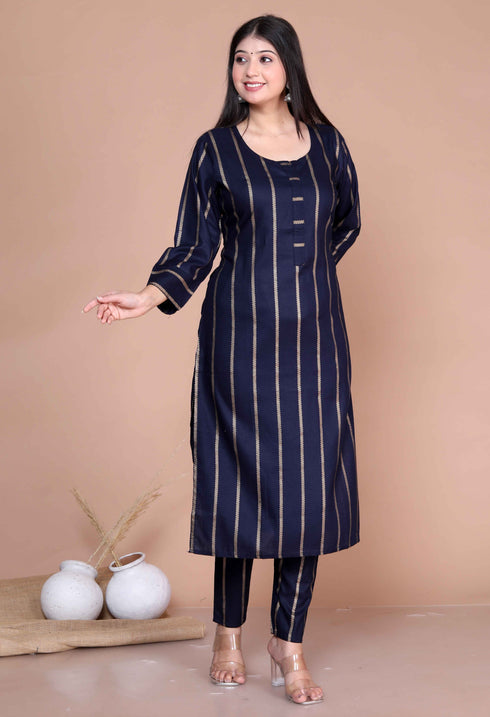 Miravan Womens Navy Blue and Golden Striped Mokshi Pakistani Kurta With Palazzo