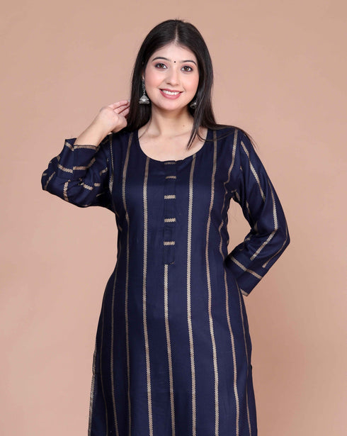 Miravan Womens Navy Blue and Golden Striped Mokshi Pakistani Kurta With Palazzo