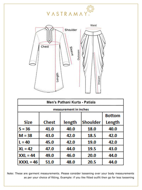 Vastramay Men's Cream And White Cotton Blend Pathani Kurta Set With Prayer Cap