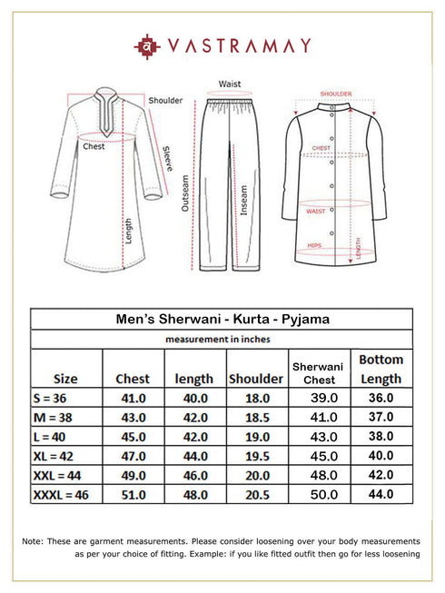Vastramay Men's Grey Jaccard Sherwani With Cream Kurta Pant Set