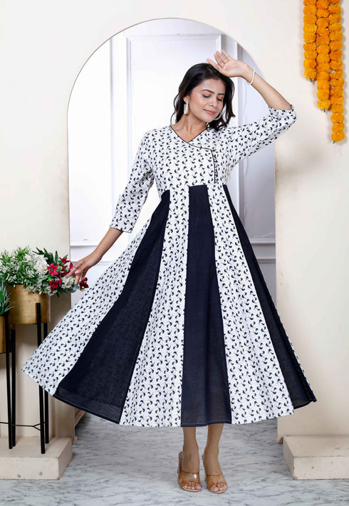 Miravan Womens Cotton White Bird Print Anarkali Kurta