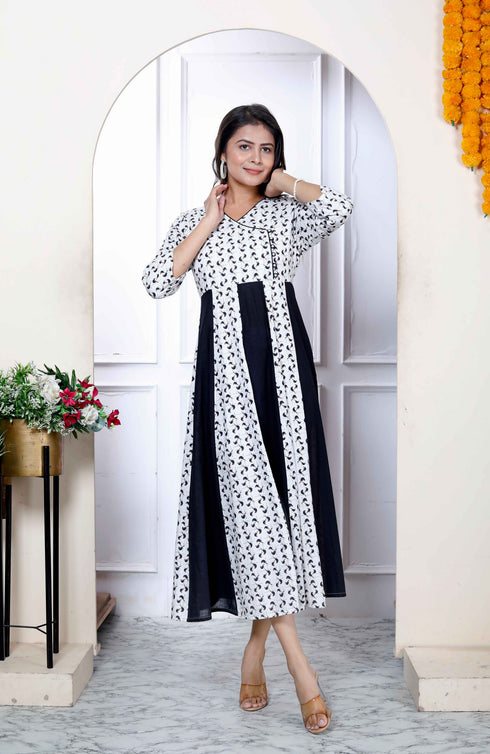 Miravan Womens Cotton White Bird Print Anarkali Kurta