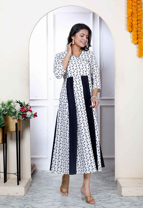 Miravan Womens Cotton White Bird Print Anarkali Kurta