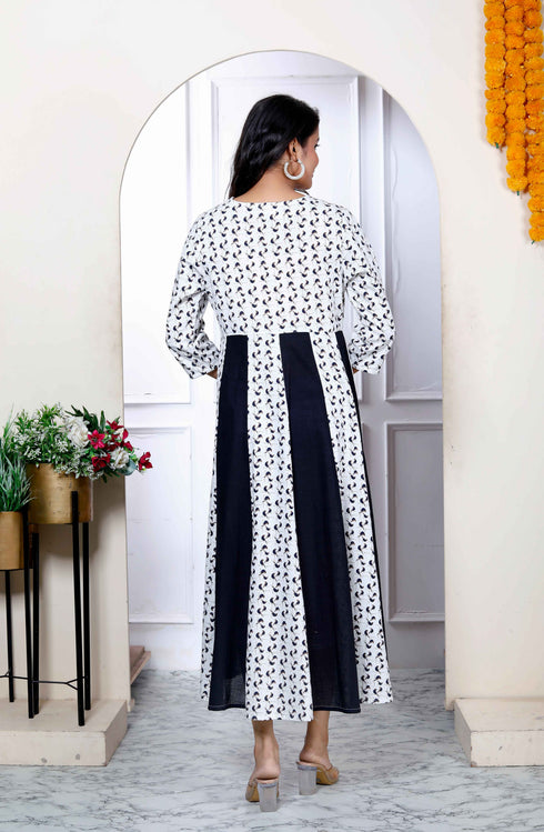 Miravan Womens Cotton White Bird Print Anarkali Kurta