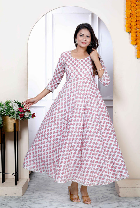 Miravan Womens Pink Pure Cotton Printed Anarkali Kurta