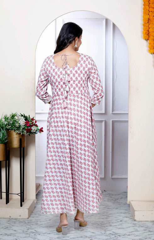 Miravan Womens Pink Pure Cotton Printed Anarkali Kurta