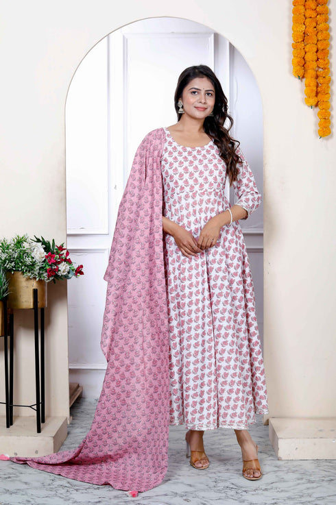 Miravan Womens Pure Cotton Printed Pink Anarkali Kurta With Dupatta Set