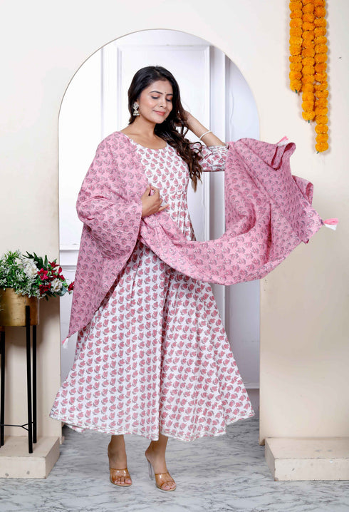 Miravan Womens Pure Cotton Printed Pink Anarkali Kurta With Dupatta Set