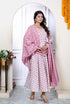 Miravan Womens Pure Cotton Printed Pink Anarkali Kurta With Dupatta Set