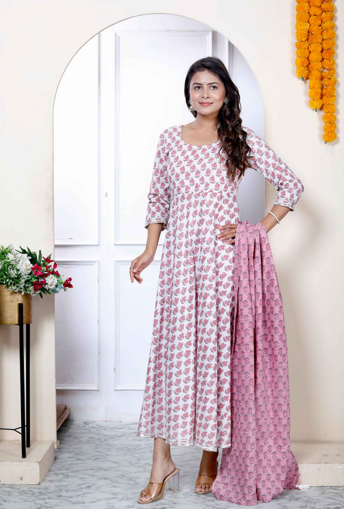 Miravan Womens Pure Cotton Printed Pink Anarkali Kurta With Dupatta Set