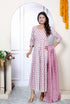 Miravan Womens Pure Cotton Printed Pink Anarkali Kurta With Dupatta Set