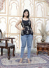 Miravan Womens Pure Cotton Black Floral Printed Round Neck Peplum Noodle Straps Top