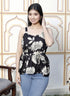 Miravan Womens Pure Cotton Black Floral Print Flared Strappy Noodle PeplumTop