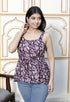 Miravan Womens Pure Cotton Floral Printed Purple Noodle Straps Short Peplum Top