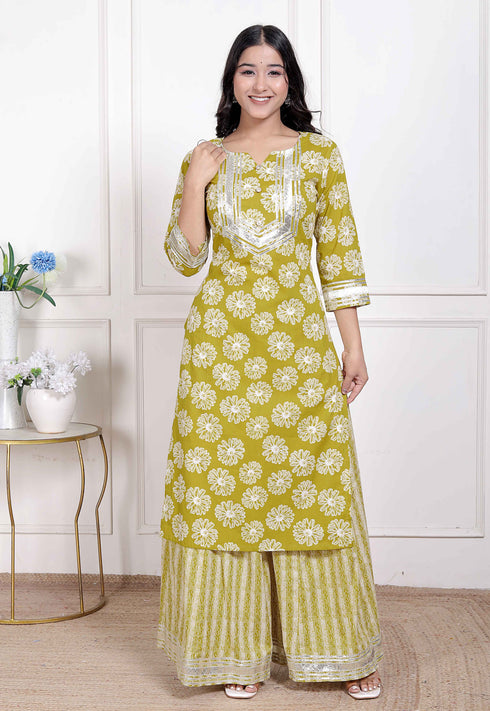 Miravan Womens Lime Yellow Block Printed Kurta with Palazzo