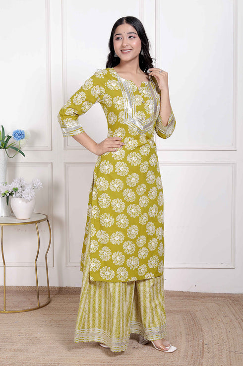 Miravan Womens Lime Yellow Block Printed Kurta with Palazzo