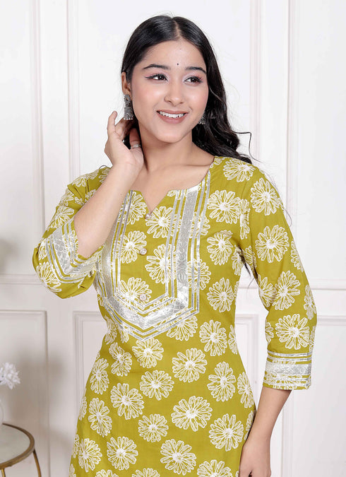 Miravan Womens Lime Yellow Block Printed Kurta with Palazzo