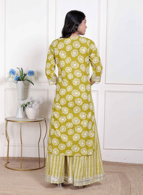 Miravan Womens Lime Yellow Block Printed Kurta with Palazzo
