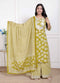 Miravan Womens Lime Yellow Embroidered Straight Kurta with Palazzo and Dupatta