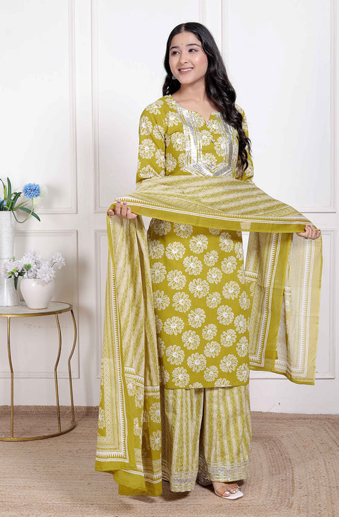 Miravan Womens Lime Yellow Embroidered Straight Kurta with Palazzo and Dupatta
