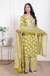 Miravan Womens Lime Yellow Embroidered Straight Kurta with Palazzo and Dupatta