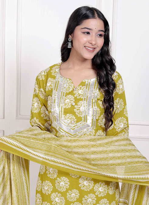 Miravan Womens Lime Yellow Embroidered Straight Kurta with Palazzo and Dupatta