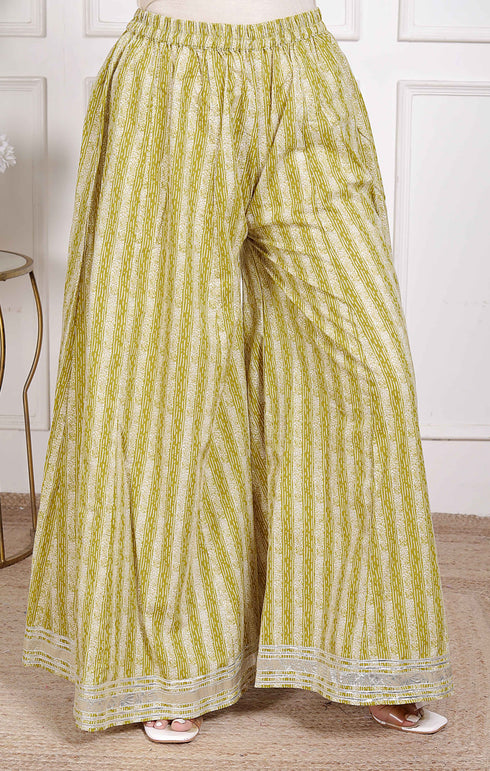 Miravan Womens Lime Yellow Embroidered Straight Kurta with Palazzo and Dupatta