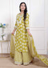 Miravan Womens Lime Yellow Embroidered Straight Kurta with Palazzo and Dupatta