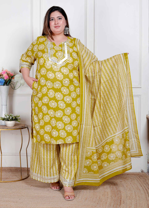 Miravan Plus Size Womens Lime Yellow Embroidered Straight Kurta with Palazzo and Dupatta