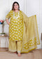 Miravan Plus Size Womens Lime Yellow Embroidered Straight Kurta with Palazzo and Dupatta
