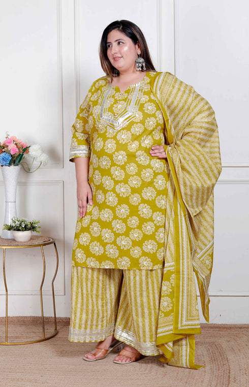 Miravan Plus Size Womens Lime Yellow Embroidered Straight Kurta with Palazzo and Dupatta