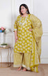 Miravan Plus Size Womens Lime Yellow Embroidered Straight Kurta with Palazzo and Dupatta